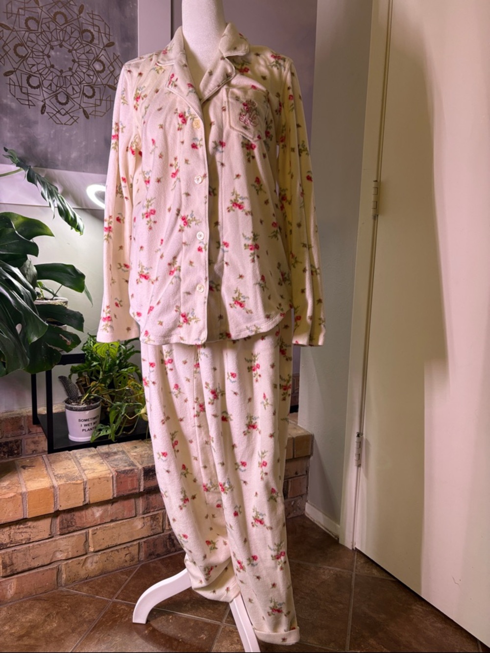 Ralph Lauren Cream Floral Pajama Set with Pink Roses